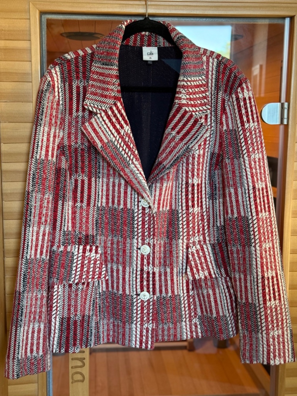 Cabi Plaid Knit Blazer Jacket | XL | Red, Ivory & Black | Nautical Buttons | EUC